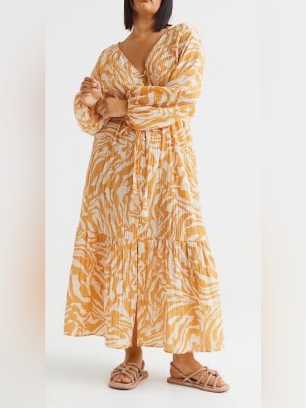 H&M Women's Yellow Tiger-Print Maxi Dress, size large